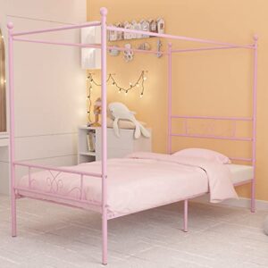 weehom metal canopy bed frame platform bed 4 posters sturdy steel mattress foundation with headboard and footboard box spring replacement easy diy assembly twin,pink