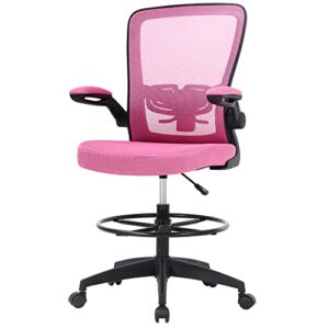 drafting chair tall office chair mid-back mesh ergonomic computer chair high adjustable standing desk chair with lumbar support adjustable foot ring and flip-up arms (pink)