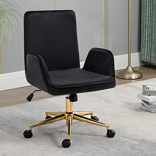 Furniliving Velvet Home Office Desk Chair with Wheels, Modern Adjustable Vanity Task Chair Midback Computer Executive Chair 360° Swivel Chair with Smooth Casters (Velvet-Black)