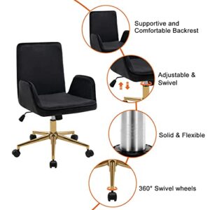 Furniliving Velvet Home Office Desk Chair with Wheels, Modern Adjustable Vanity Task Chair Midback Computer Executive Chair 360° Swivel Chair with Smooth Casters (Velvet-Black)