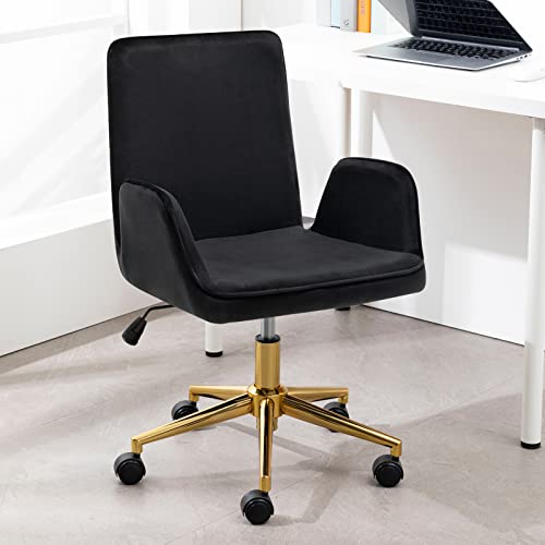 Furniliving Velvet Home Office Desk Chair with Wheels, Modern Adjustable Vanity Task Chair Midback Computer Executive Chair 360° Swivel Chair with Smooth Casters (Velvet-Black)