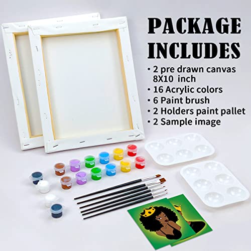 VOCHIC Paint and Sip Kit Pre Drawn for Painting for Adults Stretched Canvases for Painting Paint Party Kits Couples Games Date Night Ideas (2 Pack) Painting Canvas Afro Queen King 8x10 Paint Art Set