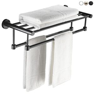 tocten bathroom towel rack, towel shelf for bathroom with double towel bar wall mounted, premium sus 304 stainless steel hotel bath towel holder, anti-rust towel rod with shelf (24 in, matte black)