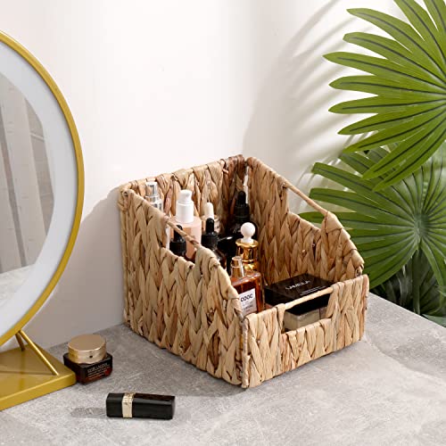 Water Hyacinth Storage Baskets with Handles,Seagrass Storage Basket,Wicker Baskets,Small Folding 2 Packs Handmade Woven Baskets 9.4"L x 7.9"W x 7.5 "H (water hyacinth)