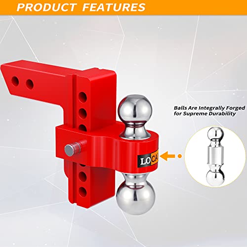 LOCAME Adjustable Trailer Hitch, Fits 2-Inch Receiver, 6-Inch Drop Aluminum 1-7/8'' & 2'' Tow Ball Drop Hitch,12,500 LBS GTW-Tow Hitch for Heavy Duty Truck with Double Stainless Locks, Red, LC0046