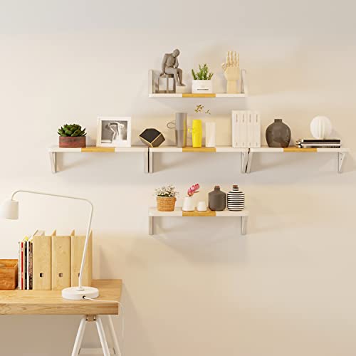 TEAMIX Set of 2 White Floating Shelves 23.6 inch, Wood Wall Mounted Book Shelf Hanging Shelf Organizer with Heavy-Duty Brackets for Living Room, Bathroom, Kitchen, Bedroom (White+Maple)