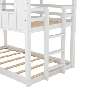 Polibi Twin-Over-Twin Wooden House Bunk Bed with Slide, Windows, Ladder and Guardrails, Twin Size White House Bunk Bed