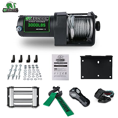 STIMULATER 3000lb ATV/UTV Winch,Electric Winch 12V,Winch with Steel Cable,Steel Wire Winch with Wireless Remote and Wired Remote,with Hawse Fairlead,IP67 Waterproof,Suitable for Most ATVs and UTVs