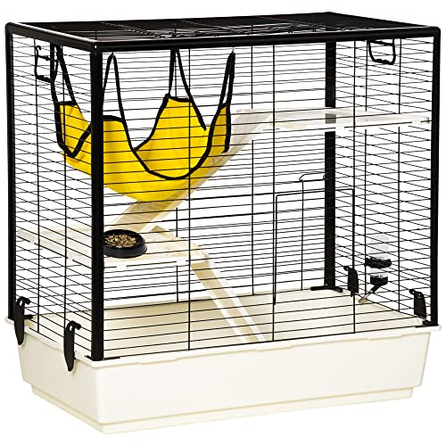 PawHut Small Animal Cage Habitat Indoor Pet Play House for Guinea Pigs Ferrets Chinchillas, with Accessories Hammock Water Bottle Balcony Ramp Food Dish, 31.5", Yellow