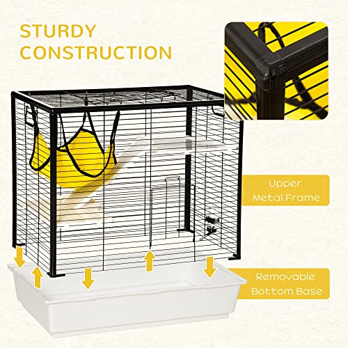 PawHut Small Animal Cage Habitat Indoor Pet Play House for Guinea Pigs Ferrets Chinchillas, with Accessories Hammock Water Bottle Balcony Ramp Food Dish, 31.5", Yellow