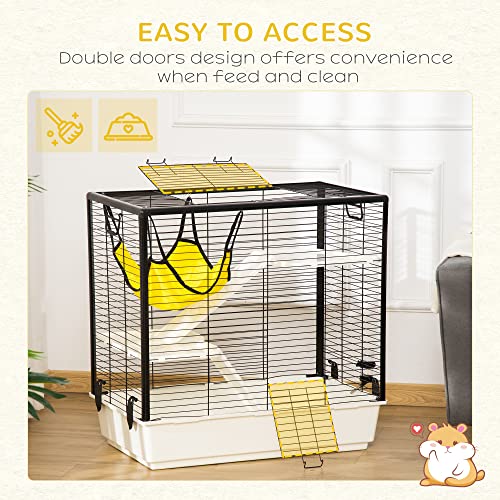 PawHut Small Animal Cage Habitat Indoor Pet Play House for Guinea Pigs Ferrets Chinchillas, with Accessories Hammock Water Bottle Balcony Ramp Food Dish, 31.5", Yellow