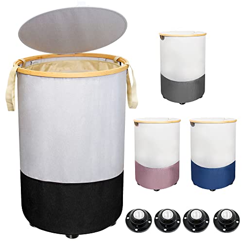 105L Laundry Hamper with Wheels, Collapsible Round Laundry Basket with Lid, Easy Transportation Laundry Organizer with Bamboo Handle for Storage