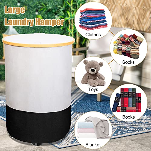 105L Laundry Hamper with Wheels, Collapsible Round Laundry Basket with Lid, Easy Transportation Laundry Organizer with Bamboo Handle for Storage