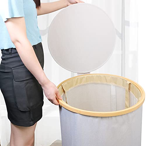 105L Laundry Hamper with Wheels, Collapsible Round Laundry Basket with Lid, Easy Transportation Laundry Organizer with Bamboo Handle for Storage