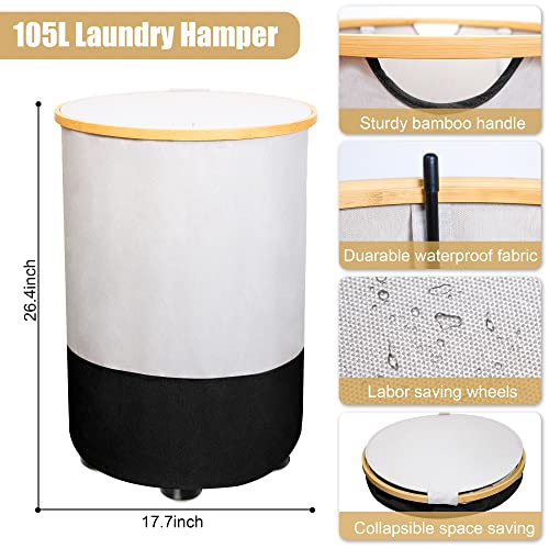 105L Laundry Hamper with Wheels, Collapsible Round Laundry Basket with Lid, Easy Transportation Laundry Organizer with Bamboo Handle for Storage