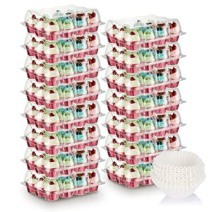 farielyn-x (12 pack x 15 sets) stackable cupcake carrier holders with 200 pack cupcake liners, plastic cupcake boxes for 12 cupcakes, clear disposable cupcake containers, tall dome lid cupcake trays