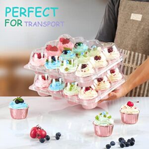 Farielyn-X (12 Pack x 15 Sets) Stackable Cupcake Carrier Holders with 200 Pack Cupcake Liners, Plastic Cupcake Boxes for 12 Cupcakes, Clear Disposable Cupcake Containers, Tall Dome Lid Cupcake Trays