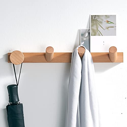 DRKUN Wood Coat Hook 15 Inch Wall Mounted Coat Rack Decorate 4 Hooks, Rubber Wood Hook for Clothes Hat Towel Robe