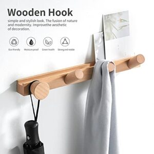 DRKUN Wood Coat Hook 15 Inch Wall Mounted Coat Rack Decorate 4 Hooks, Rubber Wood Hook for Clothes Hat Towel Robe