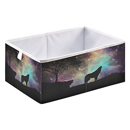 Blueangle Galaxy Wolf Rectangle Storage Bin, 15.8 x 10.6 x 7 in, Large Collapsible Organizer Storage Basket for Home Décor（75）