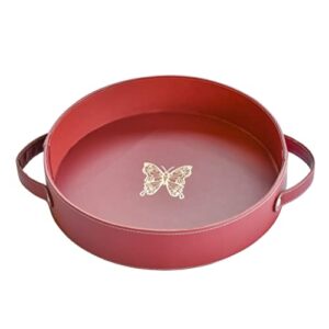 arija round leather tray with handles, made with vegan leather, tray for serving, table top organizer, gifting & home decor, cherry red- size -12x12x2.5 inches