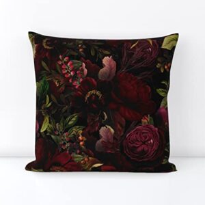 spoonflower square throw pillow, 18", velvet - romantic gothic moody floral vintage flowers victorian dark roses print throw pillow cover