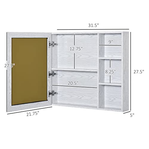 kleankin 31.5" W x 27.5" H Wall-Mounted Medicine Cabinet, Bathroom Storage Unit with Single Mirrored Door and 3-Tier Shelves, White