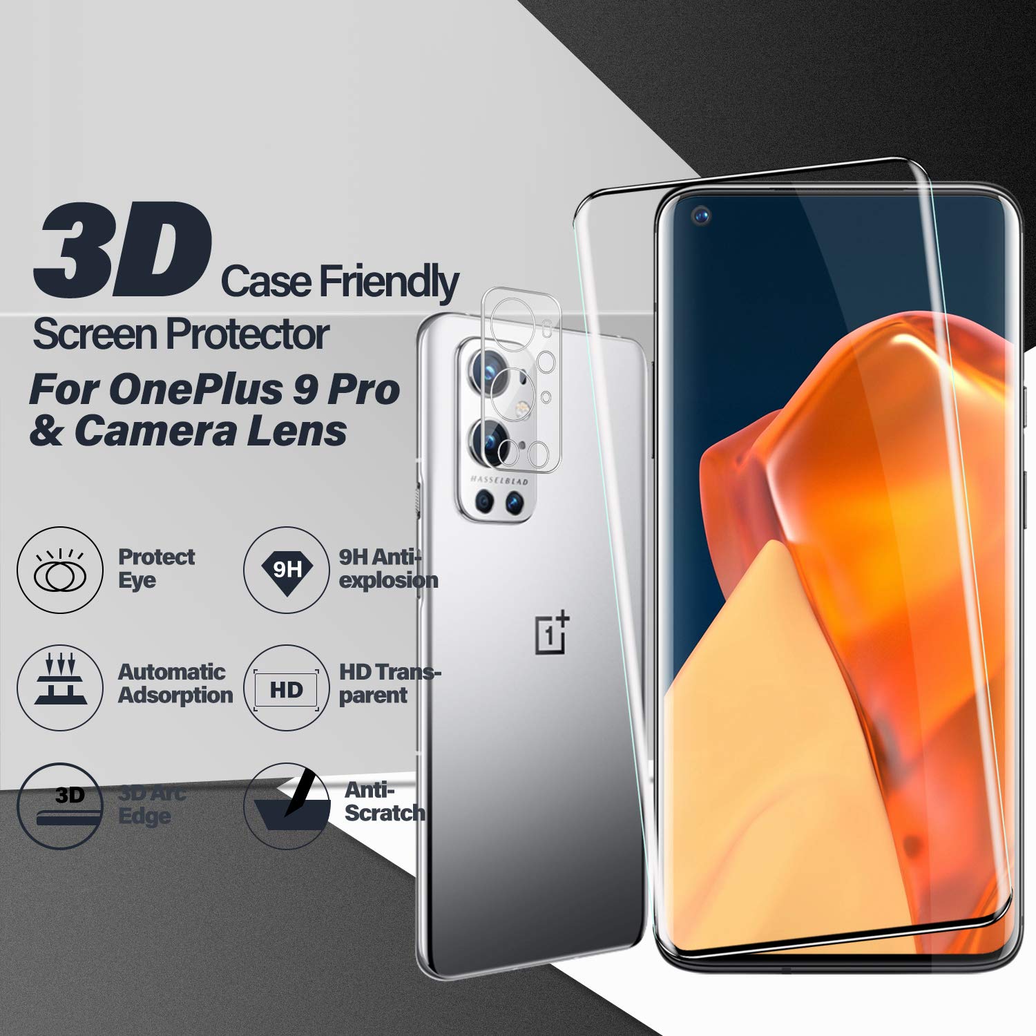 OnePlus 9 Pro Screen Protector + Camera Lens Protectors By BIGFACE, [2 + 2 Pack] Full Premium HD Clarity Coverage Premium Tempered Glass, Anti-Scratch, 3D Touch Accuracy Anti Bubble Film