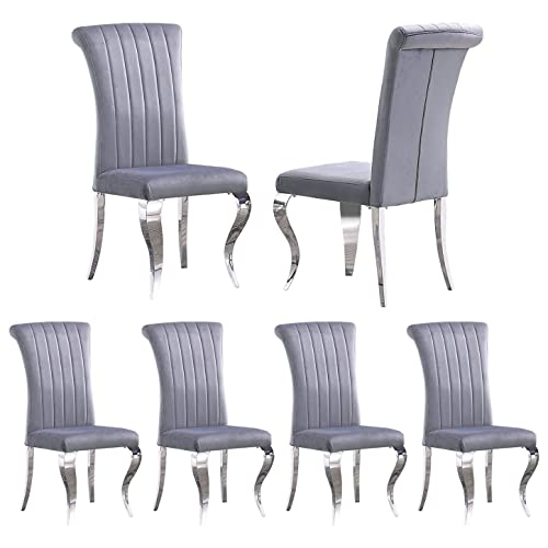 AZhome Dining Chairs Set of 6, Dining Room Chairs in Grey Velvet and Silver Cabriole Stainless Steel Legs