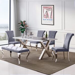 AZhome Dining Chairs Set of 6, Dining Room Chairs in Grey Velvet and Silver Cabriole Stainless Steel Legs