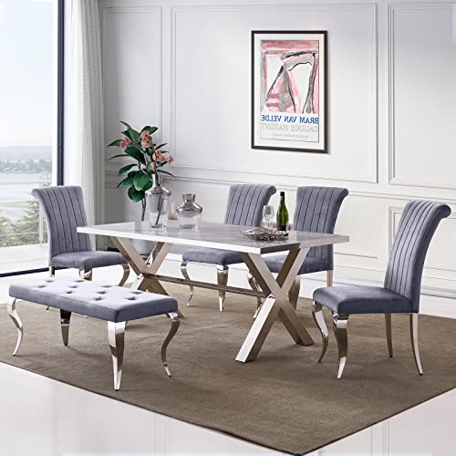 AZhome Dining Chairs Set of 6, Dining Room Chairs in Grey Velvet and Silver Cabriole Stainless Steel Legs