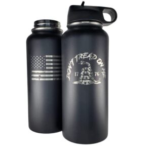 gadsden don't tread on american flag water bottle - dtom double walled stainless steel insulated water tumbler - two-sided engraved hydration bottle hot or cold / 32 oz by flaskimo