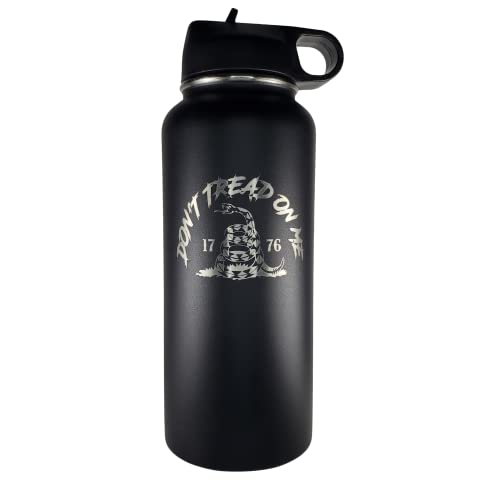 Gadsden Don't Tread On American Flag Water Bottle - DTOM Double Walled Stainless Steel Insulated Water Tumbler - Two-Sided Engraved Hydration Bottle Hot or Cold / 32 oz by Flaskimo