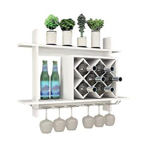 wanlecy wall mounted wine rack, 6 bottles wooden wine storage display rack with metal glass holder, modern diamond-shaped wine bottle glass holder shelf for wine bottles, liquor, champagne