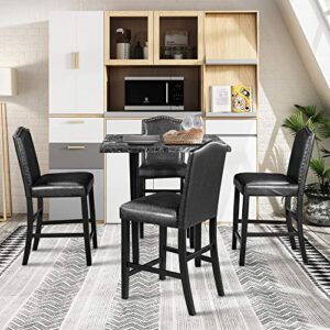 5-piece kitchen table set dining table set, faux marble tabletop counter height dining table with bottom shelf and 4 black leather upholstered chairs, dining room set for kitchen (black+wood-11)