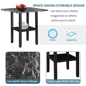 5-Piece Kitchen Table Set Dining Table Set, Faux Marble Tabletop Counter Height Dining Table with Bottom Shelf and 4 Black Leather Upholstered Chairs, Dining Room Set for Kitchen (Black+Wood-11)