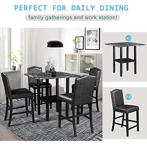 5-Piece Kitchen Table Set Dining Table Set, Faux Marble Tabletop Counter Height Dining Table with Bottom Shelf and 4 Black Leather Upholstered Chairs, Dining Room Set for Kitchen (Black+Wood-11)