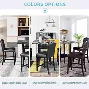 5-Piece Kitchen Table Set Dining Table Set, Faux Marble Tabletop Counter Height Dining Table with Bottom Shelf and 4 Black Leather Upholstered Chairs, Dining Room Set for Kitchen (Black+Wood-11)