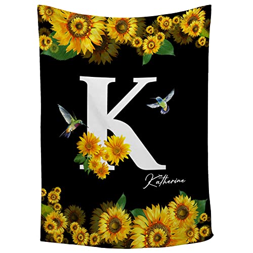 Personalized Name Text Sunflower Blanket Custom Your Name Throw Blanket for Baby Women Friends Sister Wife Mom Birthday Anniversary Christmas Customized Gifts, 60×80 Inch