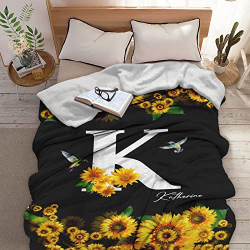 Personalized Name Text Sunflower Blanket Custom Your Name Throw Blanket for Baby Women Friends Sister Wife Mom Birthday Anniversary Christmas Customized Gifts, 60×80 Inch