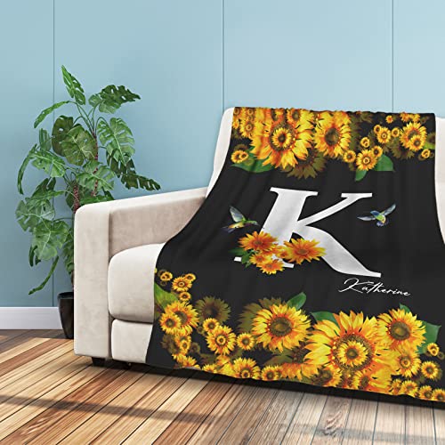 Personalized Name Text Sunflower Blanket Custom Your Name Throw Blanket for Baby Women Friends Sister Wife Mom Birthday Anniversary Christmas Customized Gifts, 60×80 Inch