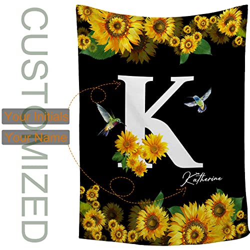 Personalized Name Text Sunflower Blanket Custom Your Name Throw Blanket for Baby Women Friends Sister Wife Mom Birthday Anniversary Christmas Customized Gifts, 60×80 Inch