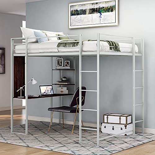 Merax Metal Loft Bed wit Desk and Shelves/Metal Slat Support/Space-Saving Twin, Silver