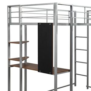 Merax Metal Loft Bed wit Desk and Shelves/Metal Slat Support/Space-Saving Twin, Silver