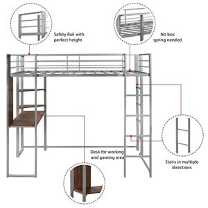 Merax Metal Loft Bed wit Desk and Shelves/Metal Slat Support/Space-Saving Twin, Silver
