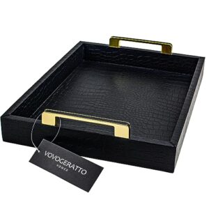 decorative serving tray with metal handles, black leather organizer for kitchen food snacks coffee