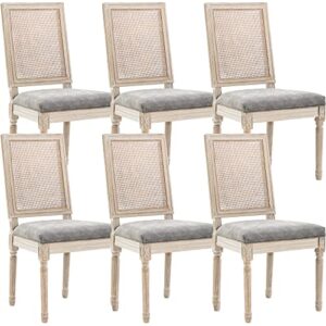 chairus farmhouse rattan dining chairs set of 6, leather french country chairs with square back, rustic wood legs side chairs for kitchen/restaurant/dining room/living room, grey - 6 pcs