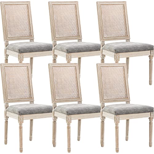 chairus Farmhouse Rattan Dining Chairs Set of 6, Leather French Country Chairs with Square Back, Rustic Wood Legs Side Chairs for Kitchen/Restaurant/Dining Room/Living Room, Grey - 6 PCS