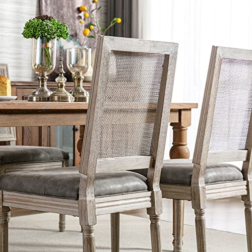 chairus Farmhouse Rattan Dining Chairs Set of 6, Leather French Country Chairs with Square Back, Rustic Wood Legs Side Chairs for Kitchen/Restaurant/Dining Room/Living Room, Grey - 6 PCS