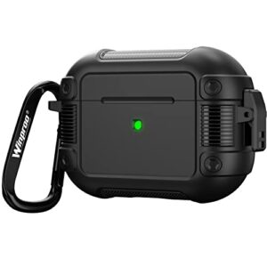 winproo armor airpods pro case cover with lock clip, military hard shell full-body shockproof protective case skin with keychain for airpods pro [black]